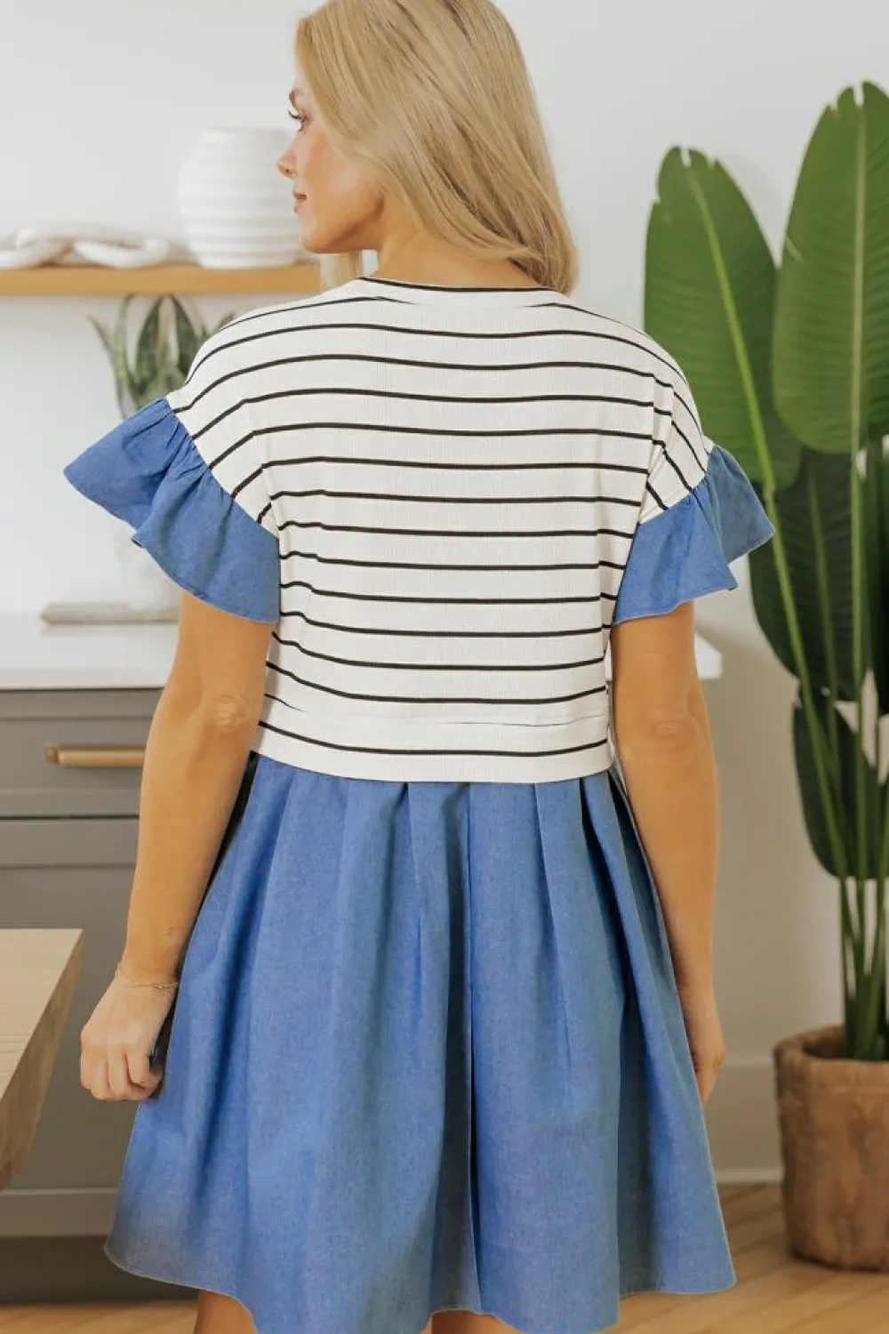 Best Dear-Lover Ruffle Denim Patchwork Round Neck Mini Dress Black Stripe
