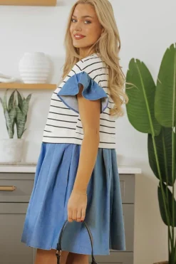 Best Dear-Lover Ruffle Denim Patchwork Round Neck Mini Dress Black Stripe