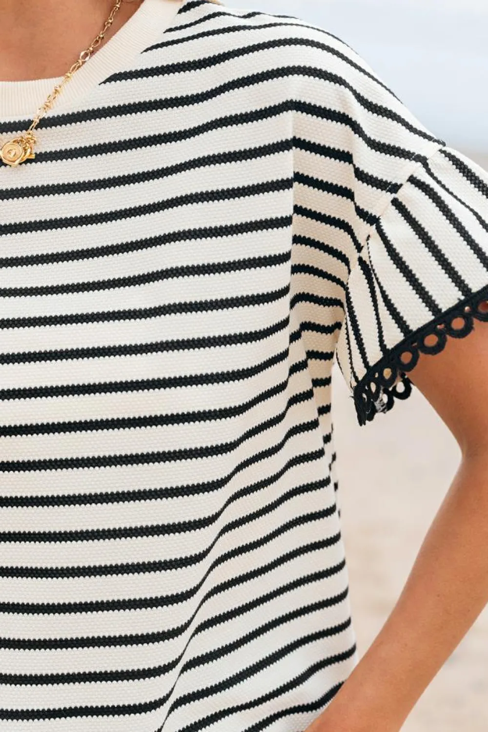 New Dear-Lover Scallop Lace Trim Ruffle Short Sleeves Crewneck Top Black Stripe