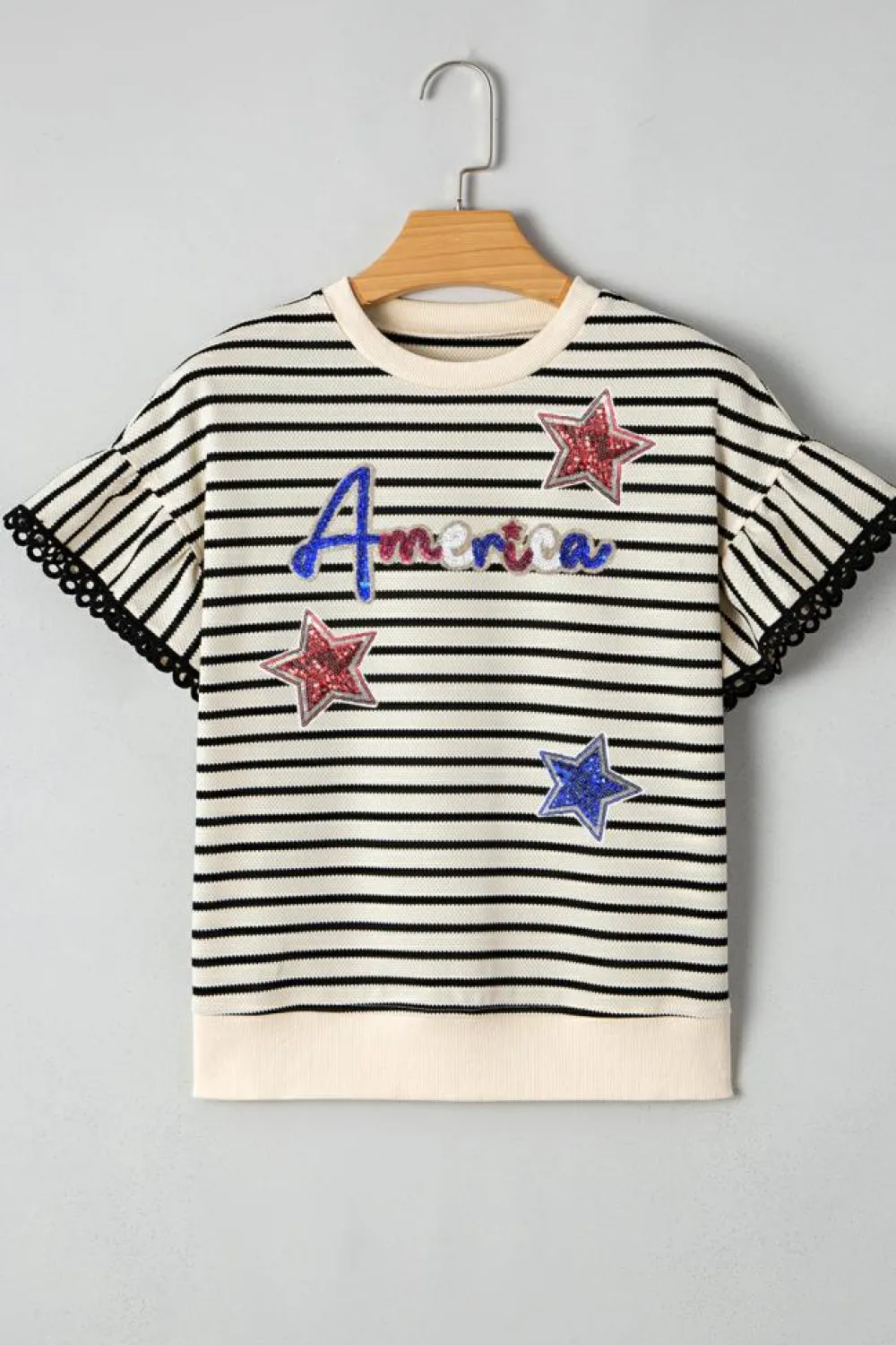 Fashion Dear-Lover Sequin America Star Graphic Ric Rac Flutter Sleeve Blouse Black Stripe