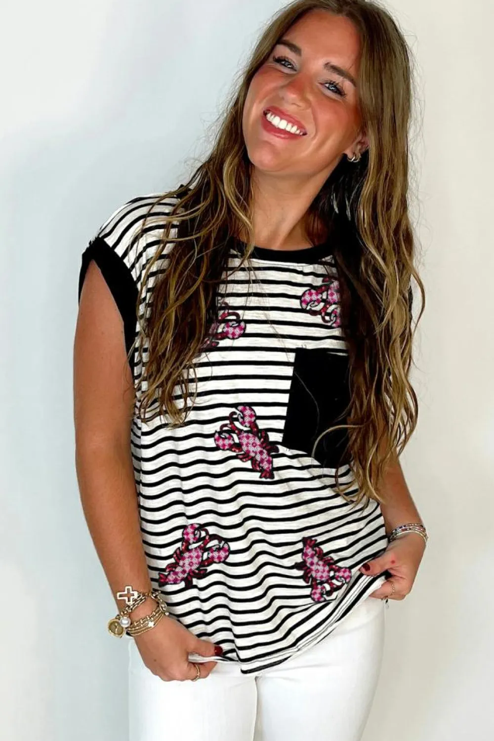 Best Dear-Lover Sequined Lobster Patched Pocket Casual Tank Top Black Stripe