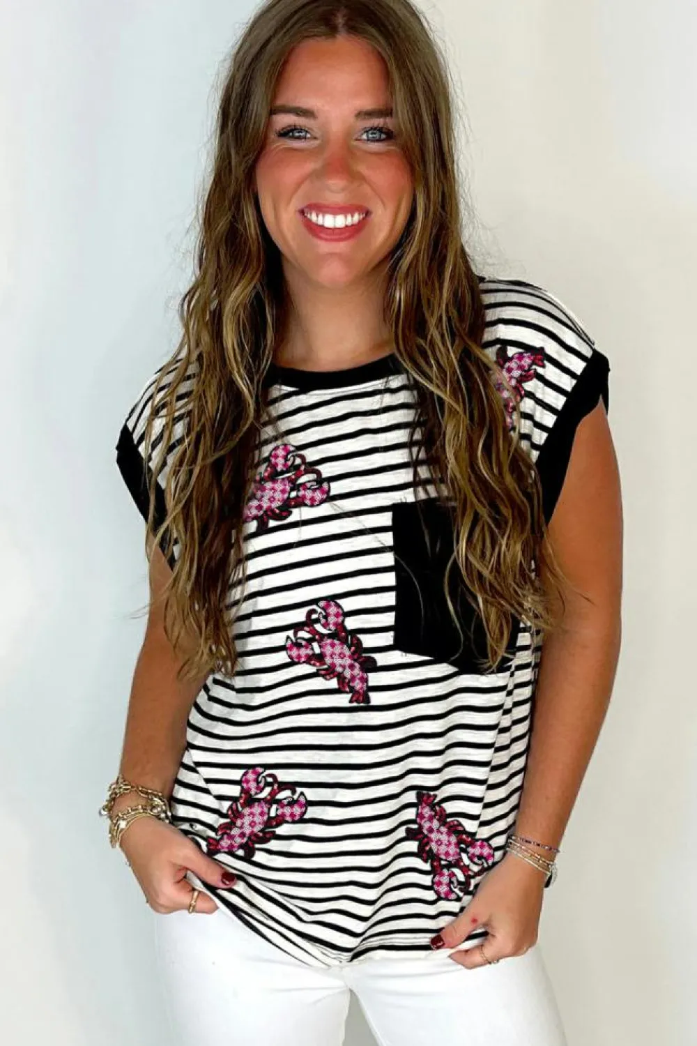 Best Dear-Lover Sequined Lobster Patched Pocket Casual Tank Top Black Stripe