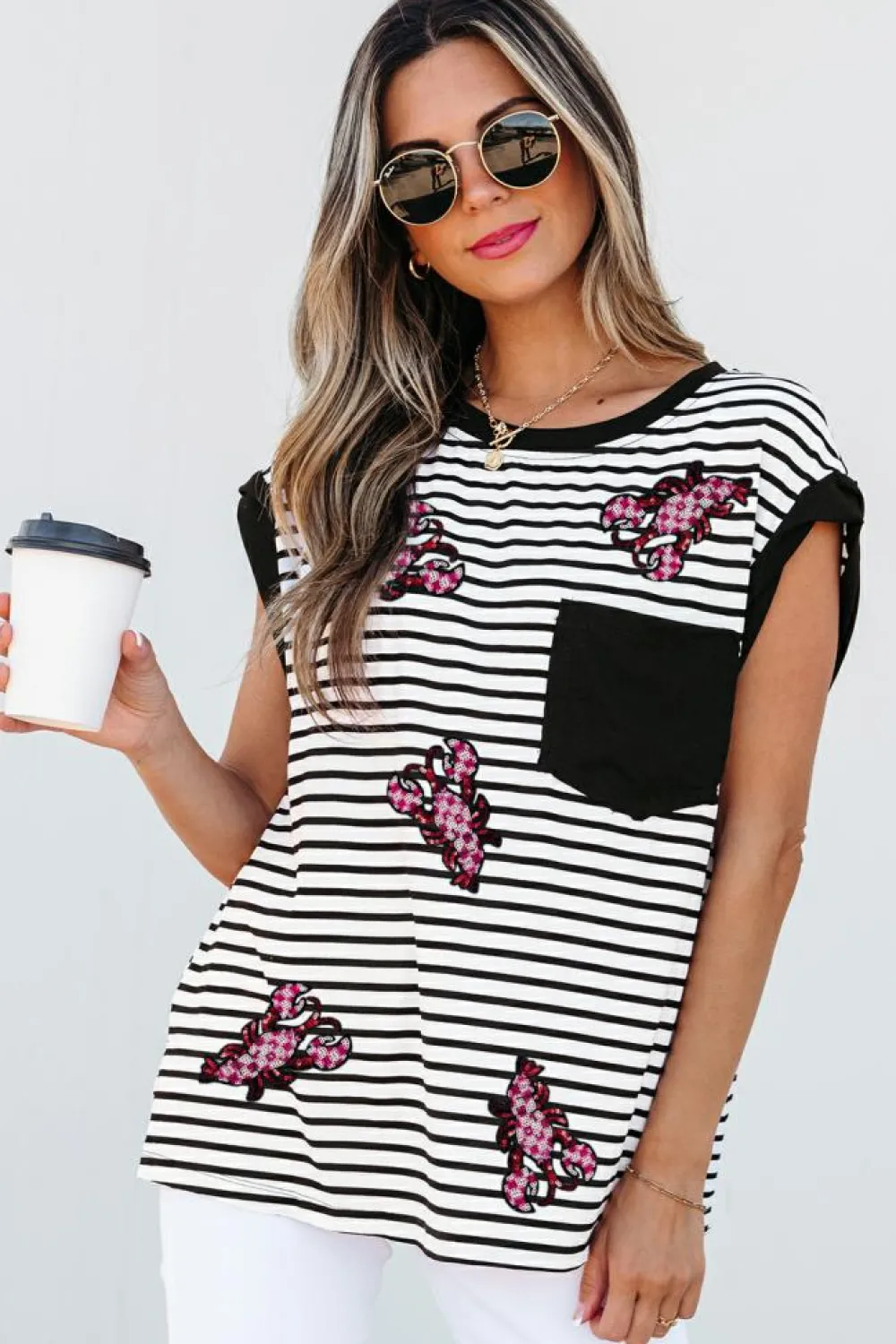 Best Dear-Lover Sequined Lobster Patched Pocket Casual Tank Top Black Stripe