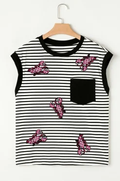 Best Dear-Lover Sequined Lobster Patched Pocket Casual Tank Top Black Stripe