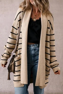 Outlet Dear-Lover Shawl Neckline Open Cardigan with Pockets Black Stripe