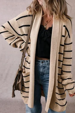 Outlet Dear-Lover Shawl Neckline Open Cardigan with Pockets Black Stripe