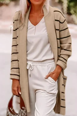 Outlet Dear-Lover Shawl Neckline Open Cardigan with Pockets Black Stripe