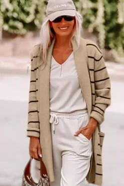 Outlet Dear-Lover Shawl Neckline Open Cardigan with Pockets Black Stripe