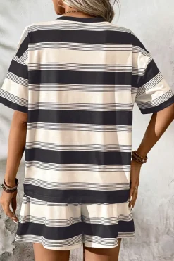 Discount Dear-Lover Short Sleeve T Shirt and High Waist Pocketed Shorts Set Black Stripe
