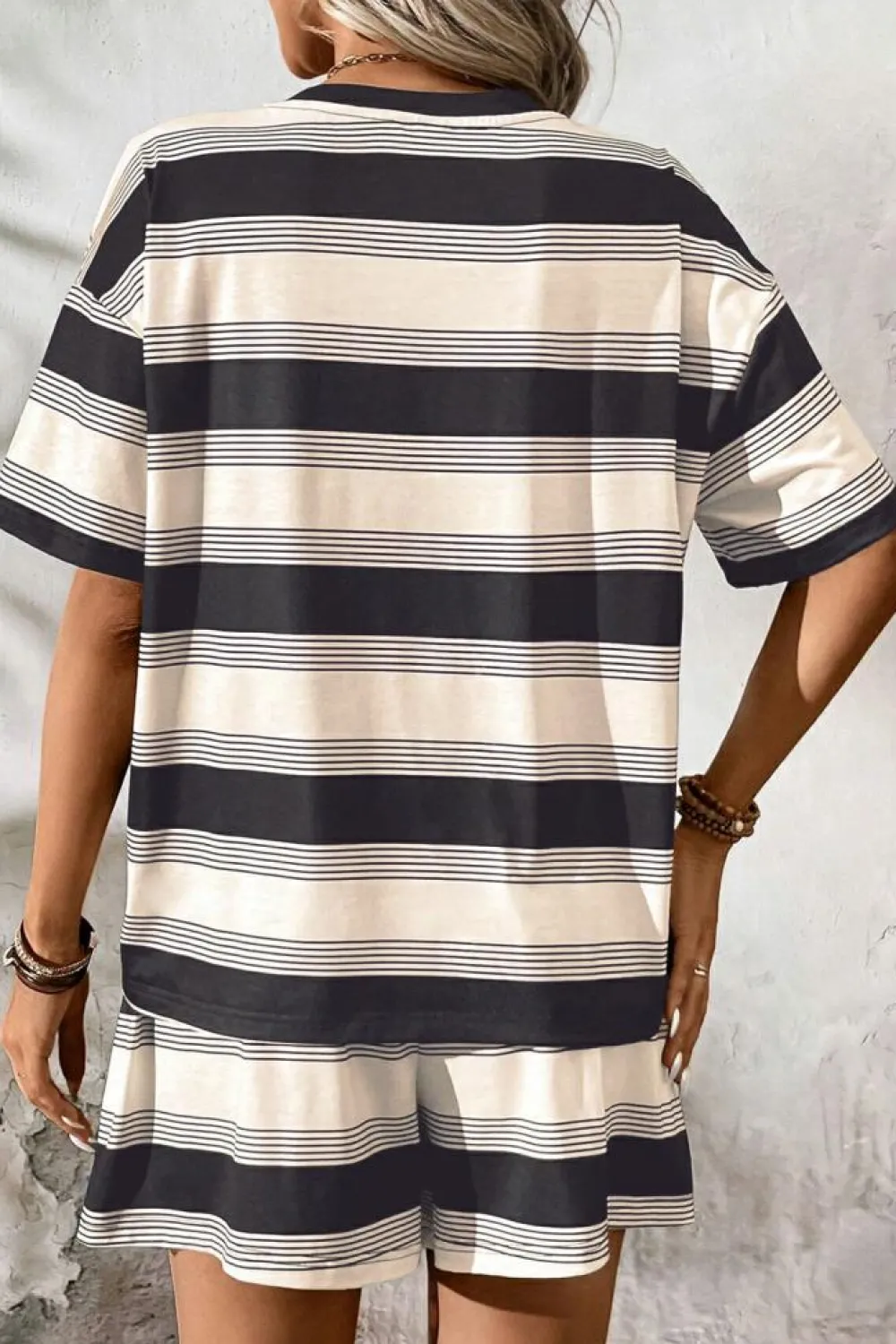 Discount Dear-Lover Short Sleeve T Shirt and High Waist Pocketed Shorts Set Black Stripe