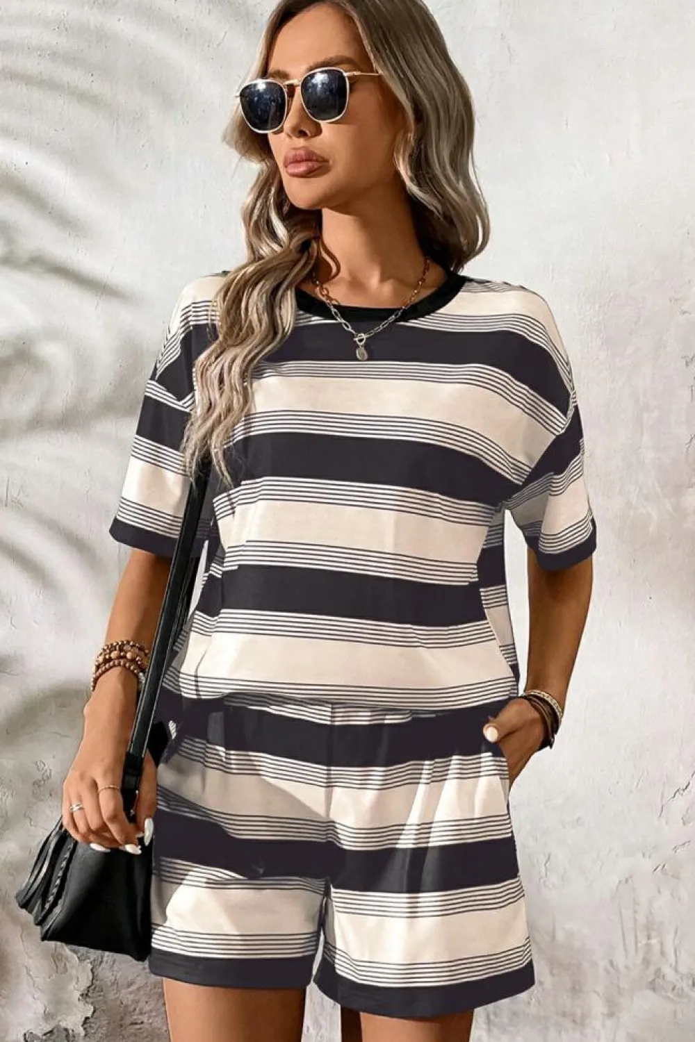 Discount Dear-Lover Short Sleeve T Shirt and High Waist Pocketed Shorts Set Black Stripe