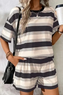Discount Dear-Lover Short Sleeve T Shirt and High Waist Pocketed Shorts Set Black Stripe