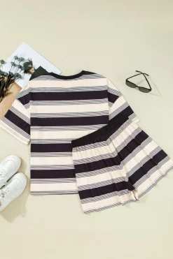 Discount Dear-Lover Short Sleeve T Shirt and High Waist Pocketed Shorts Set Black Stripe