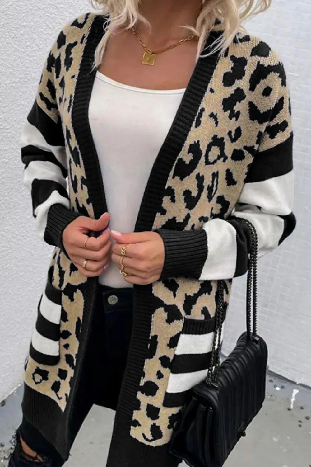 Fashion Dear-Lover Stripe Sleeve Leopard Print Open Front Cardigan With Pockets Black