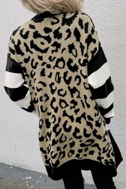 Fashion Dear-Lover Stripe Sleeve Leopard Print Open Front Cardigan With Pockets Black