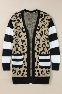 Fashion Dear-Lover Stripe Sleeve Leopard Print Open Front Cardigan With Pockets Black
