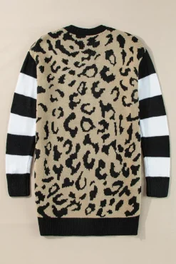 Fashion Dear-Lover Stripe Sleeve Leopard Print Open Front Cardigan With Pockets Black