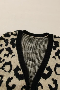 Fashion Dear-Lover Stripe Sleeve Leopard Print Open Front Cardigan With Pockets Black