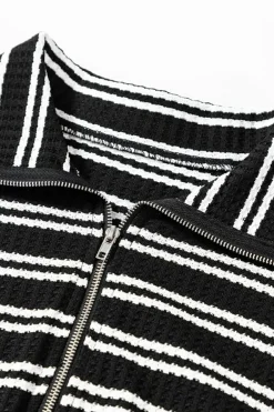 Outlet Dear-Lover Textured Quarter Zip Collar Long Sleeve Top Black Stripe