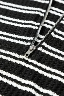 Outlet Dear-Lover Textured Quarter Zip Collar Long Sleeve Top Black Stripe