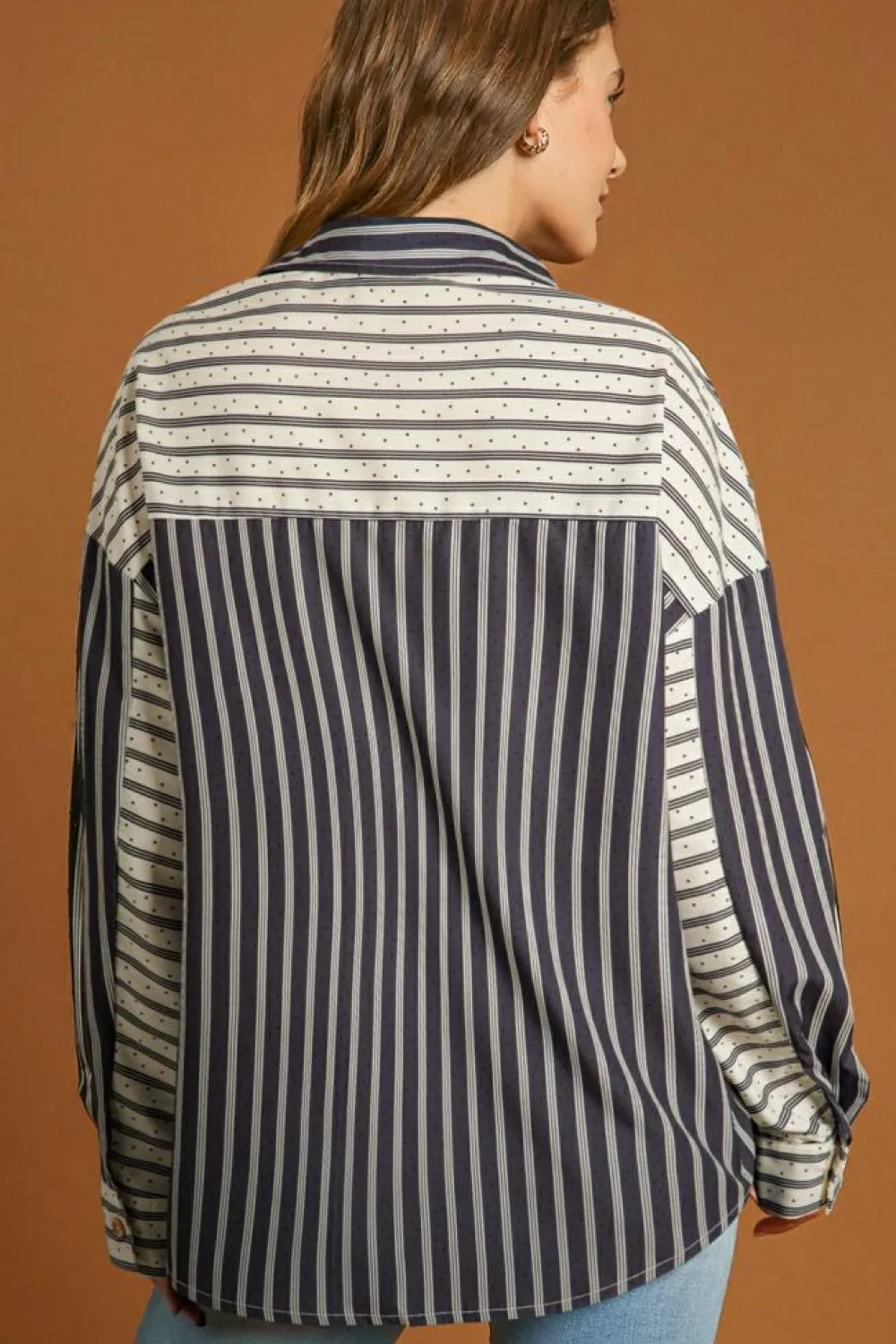 Outlet Dear-Lover 2-tone Patchwork Half Buttons Chest Pockets Casual Blouse Black Stripe