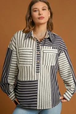Outlet Dear-Lover 2-tone Patchwork Half Buttons Chest Pockets Casual Blouse Black Stripe