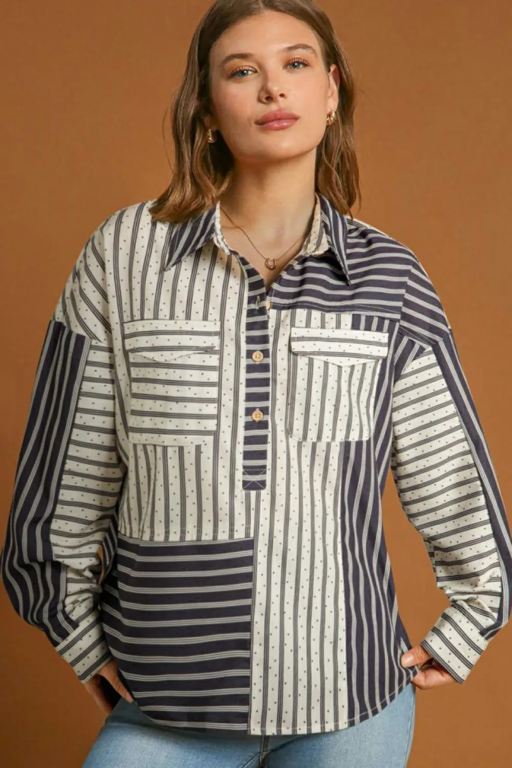 Outlet Dear-Lover 2-tone Patchwork Half Buttons Chest Pockets Casual Blouse Black Stripe