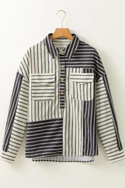 Outlet Dear-Lover 2-tone Patchwork Half Buttons Chest Pockets Casual Blouse Black Stripe