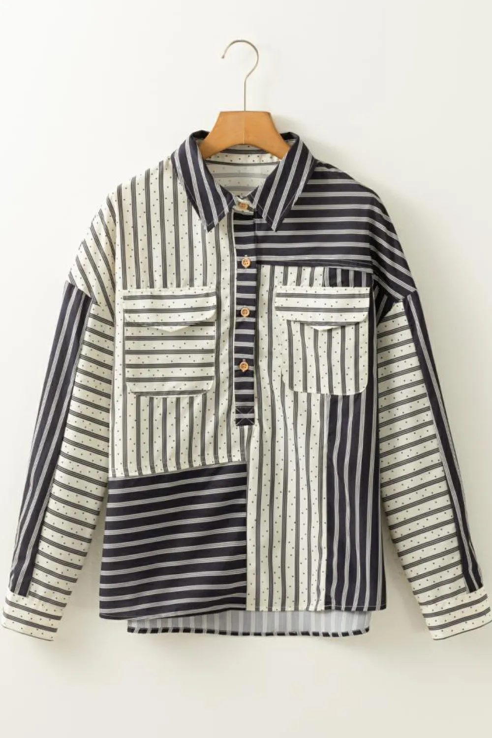 Outlet Dear-Lover 2-tone Patchwork Half Buttons Chest Pockets Casual Blouse Black Stripe