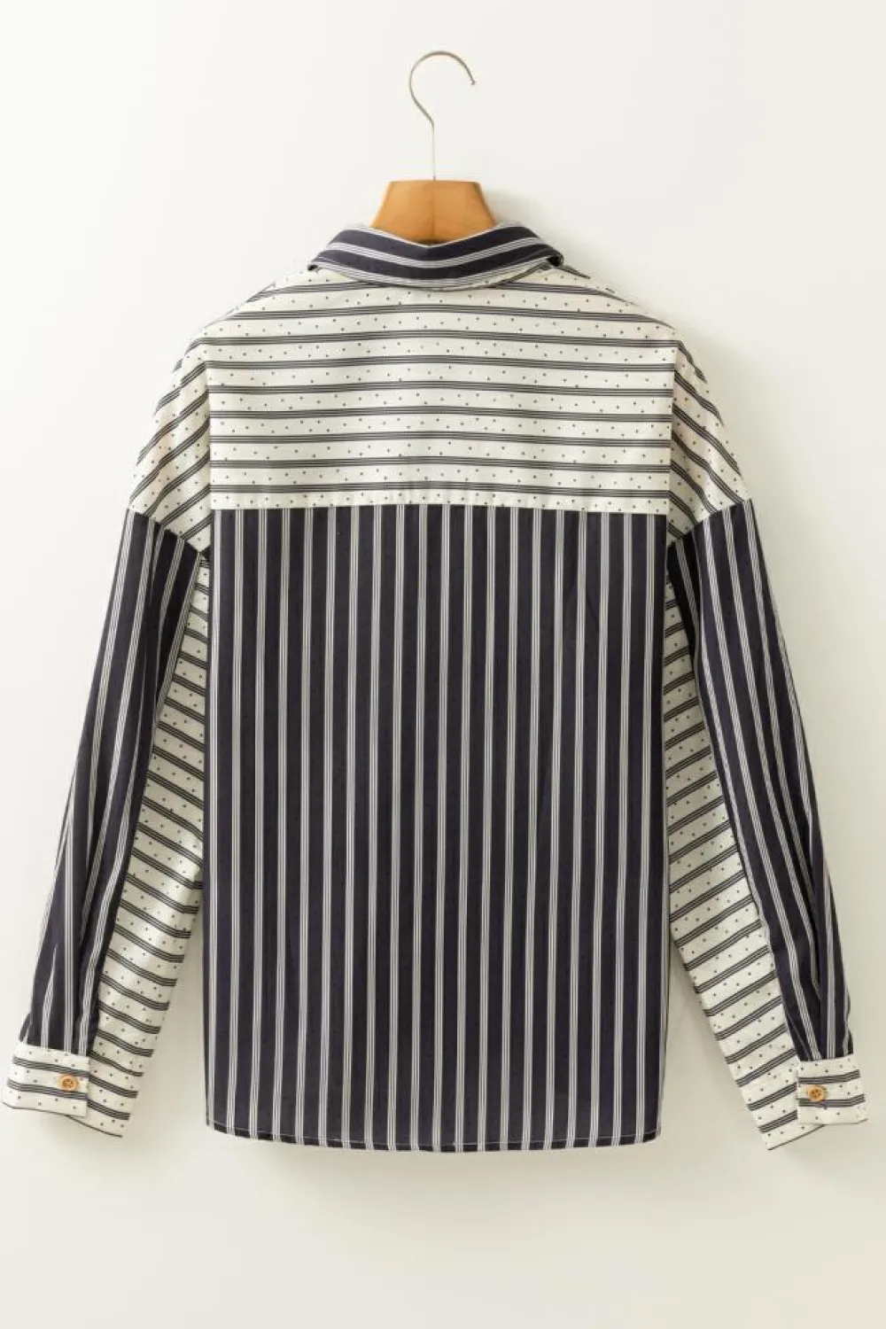 Outlet Dear-Lover 2-tone Patchwork Half Buttons Chest Pockets Casual Blouse Black Stripe