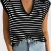 Discount Dear-Lover Turn-down V Neck Sweater Tank Top Black Stripe