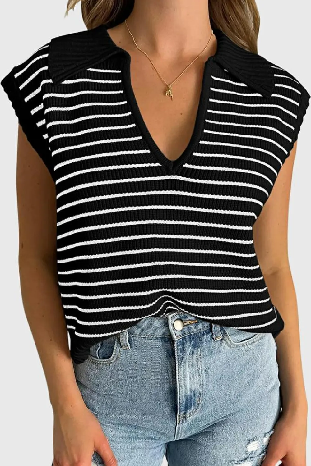 Discount Dear-Lover Turn-down V Neck Sweater Tank Top Black Stripe