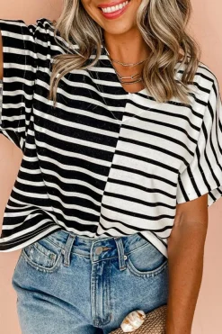 Fashion Dear-Lover Two Tone Colorblock V Neck T Shirt Black Stripe