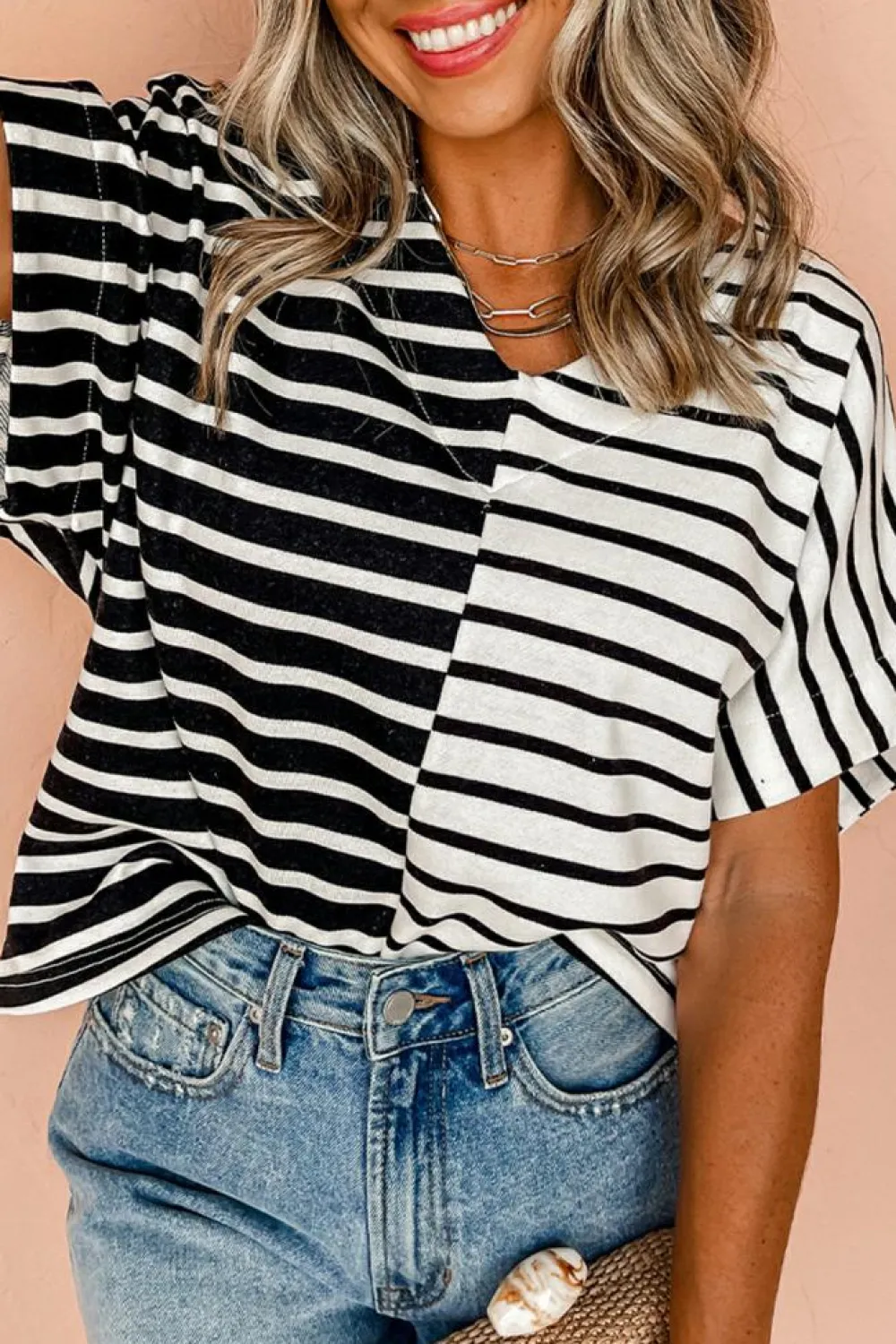 Fashion Dear-Lover Two Tone Colorblock V Neck T Shirt Black Stripe