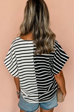 Fashion Dear-Lover Two Tone Colorblock V Neck T Shirt Black Stripe