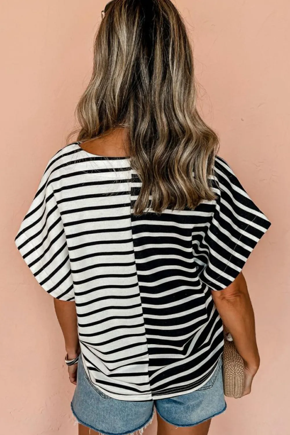 Fashion Dear-Lover Two Tone Colorblock V Neck T Shirt Black Stripe