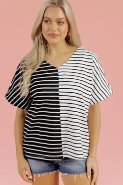 Fashion Dear-Lover Two Tone Colorblock V Neck T Shirt Black Stripe