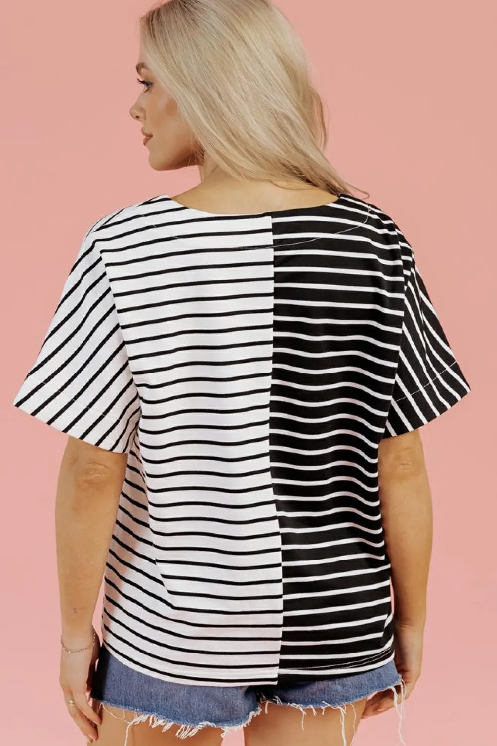 Fashion Dear-Lover Two Tone Colorblock V Neck T Shirt Black Stripe