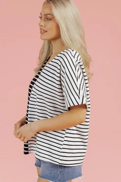 Fashion Dear-Lover Two Tone Colorblock V Neck T Shirt Black Stripe