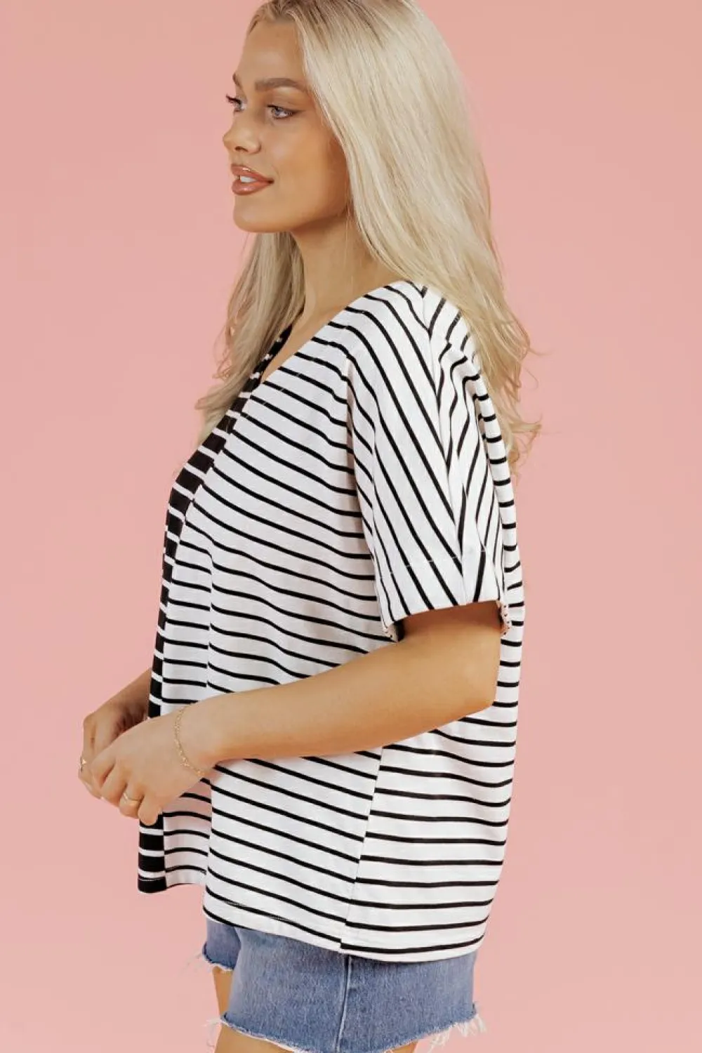 Fashion Dear-Lover Two Tone Colorblock V Neck T Shirt Black Stripe