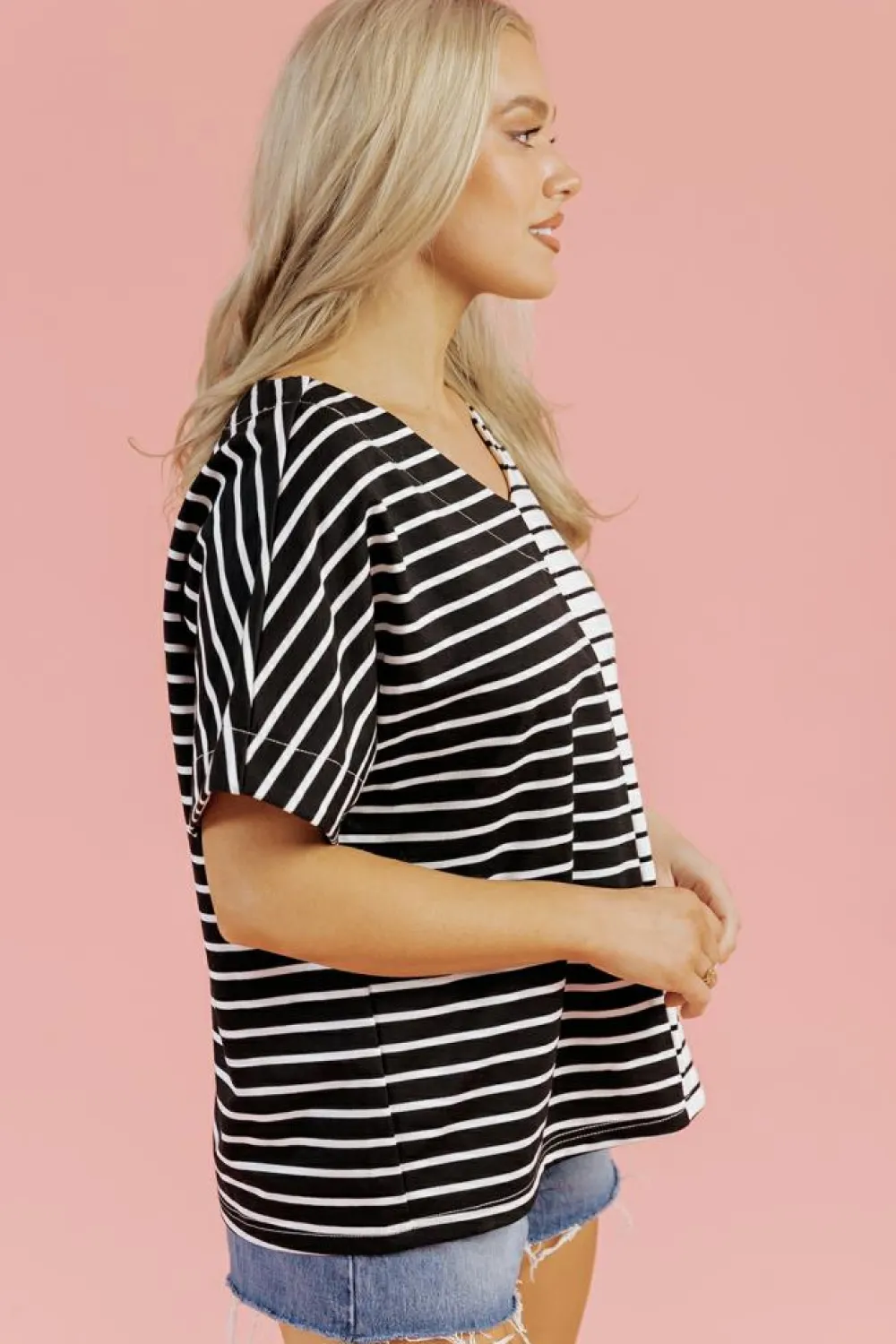 Fashion Dear-Lover Two Tone Colorblock V Neck T Shirt Black Stripe