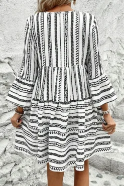 Discount Dear-Lover V Neck Bell Sleeve High Waist Mini Dress Black Stripe
