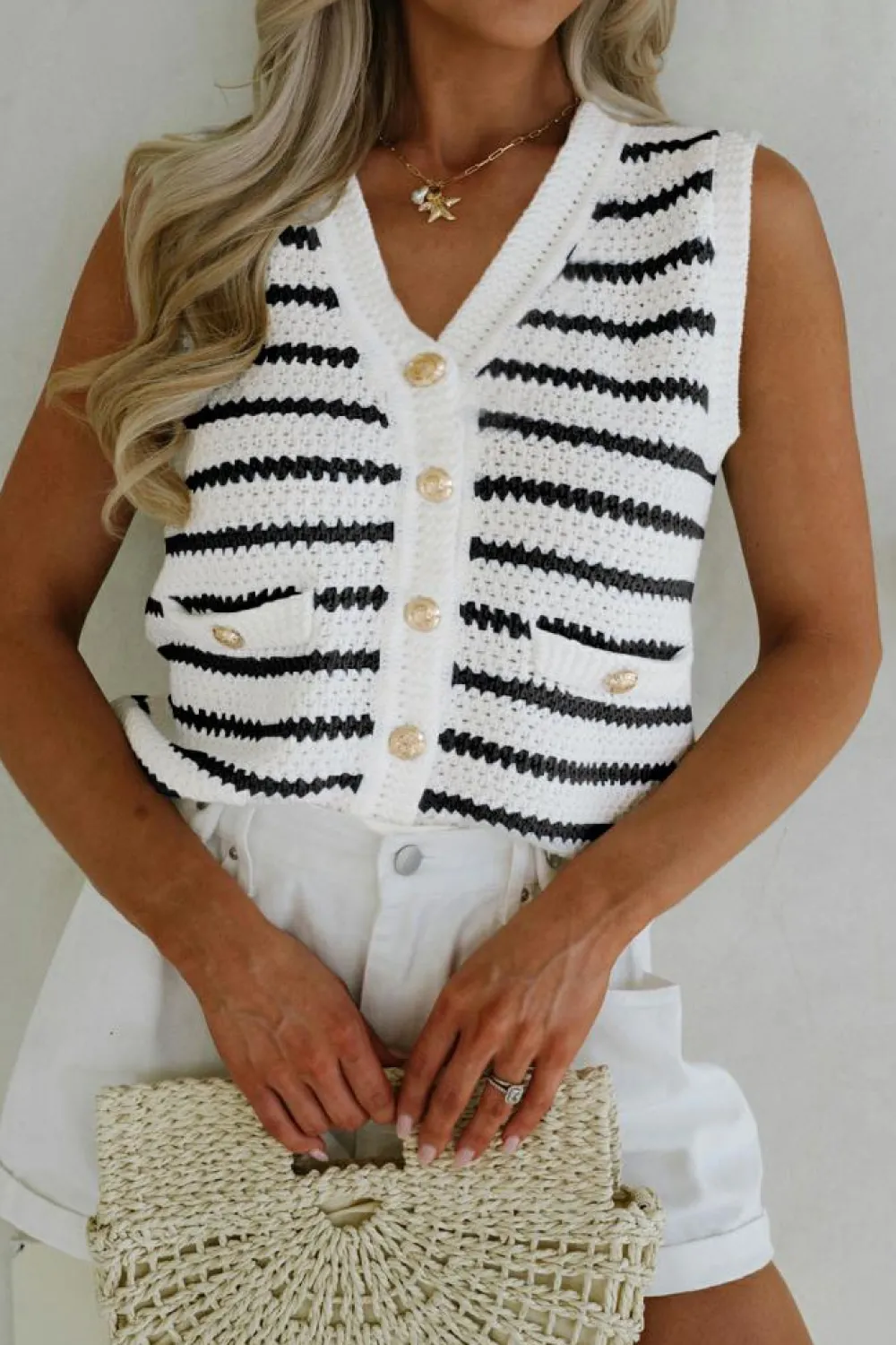 Online Dear-Lover V Neck Gold Buttons Elegant Sweater Vest Black Stripe