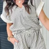 Online Dear-Lover V Neck Tee and Casual Short Set Black Stripe