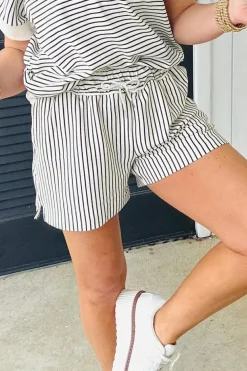 Online Dear-Lover V Neck Tee and Casual Short Set Black Stripe