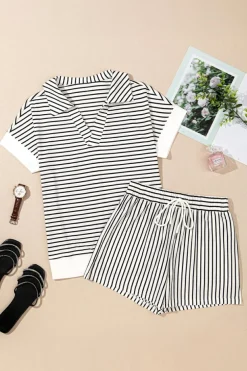 Online Dear-Lover V Neck Tee and Casual Short Set Black Stripe