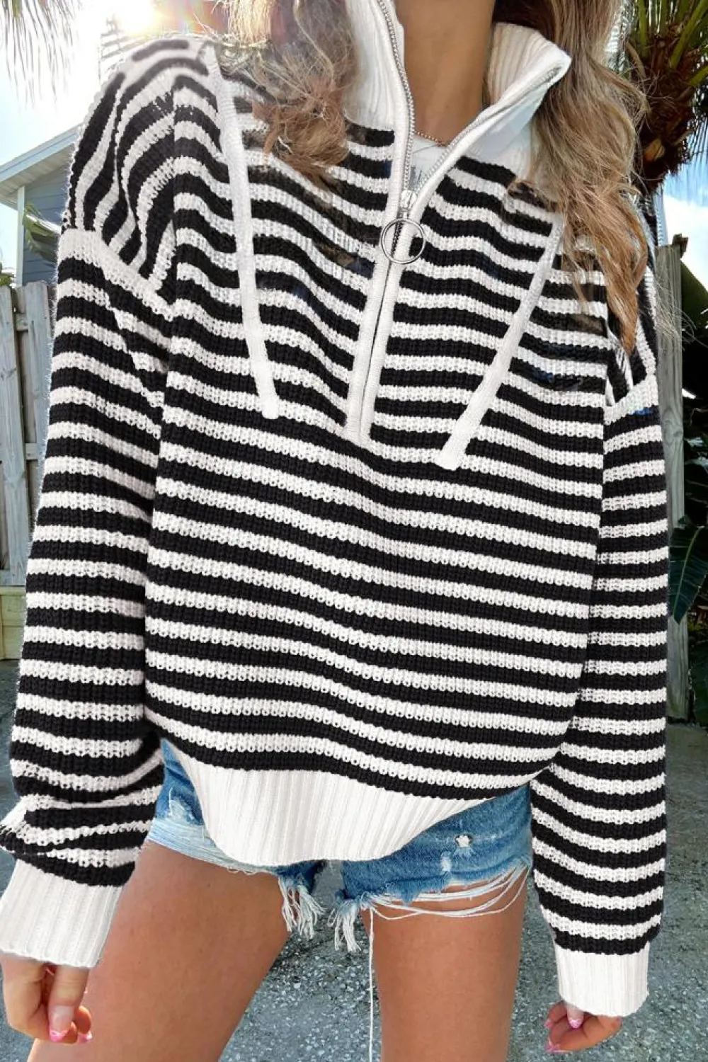 Online Dear-Lover Zip up Collar Drop Shoulder Sweater Black Stripe
