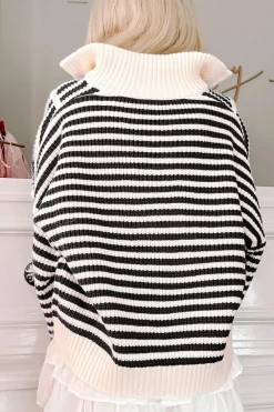 Online Dear-Lover Zip up Collar Drop Shoulder Sweater Black Stripe