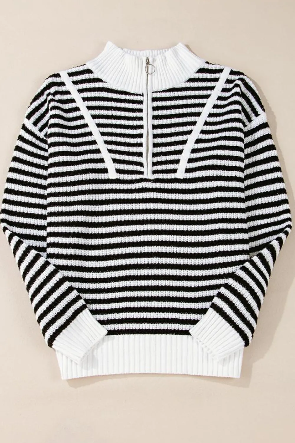 Online Dear-Lover Zip up Collar Drop Shoulder Sweater Black Stripe