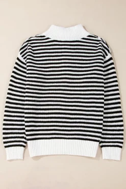 Online Dear-Lover Zip up Collar Drop Shoulder Sweater Black Stripe